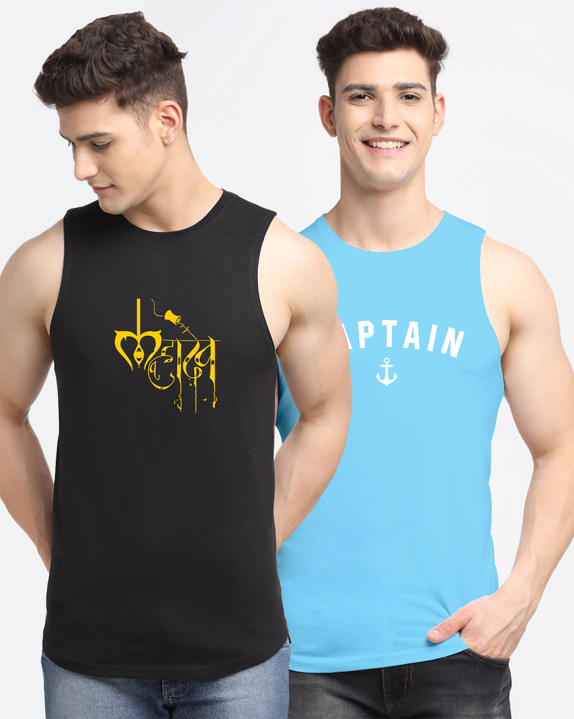 Men's Pack Of 2 Black & Turquoise Pure Cotton Printed Gym Vest - Friskers