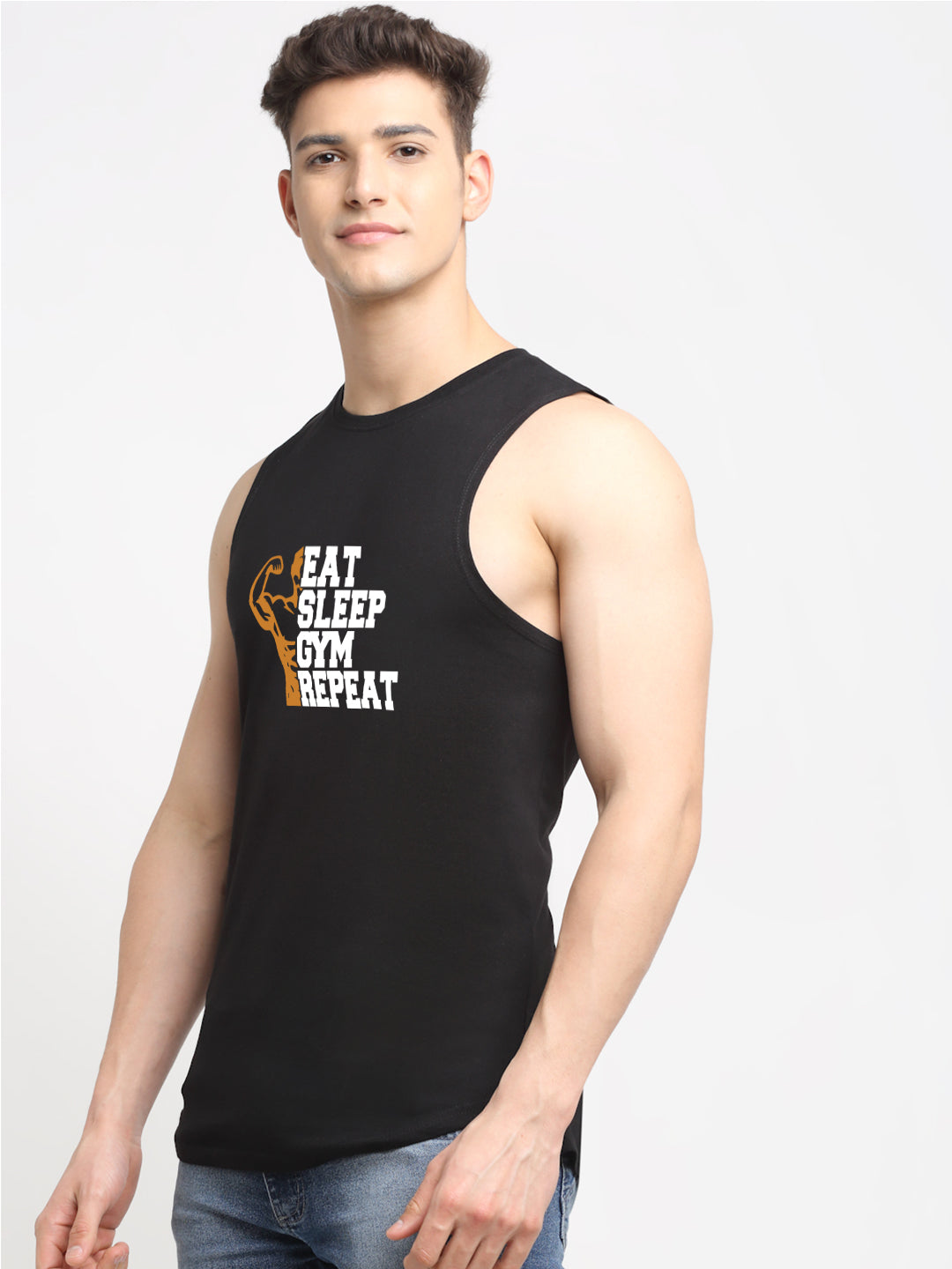 Men's Eat Sleep Gym Repeat Printed Round Neck Gym Vest - Friskers