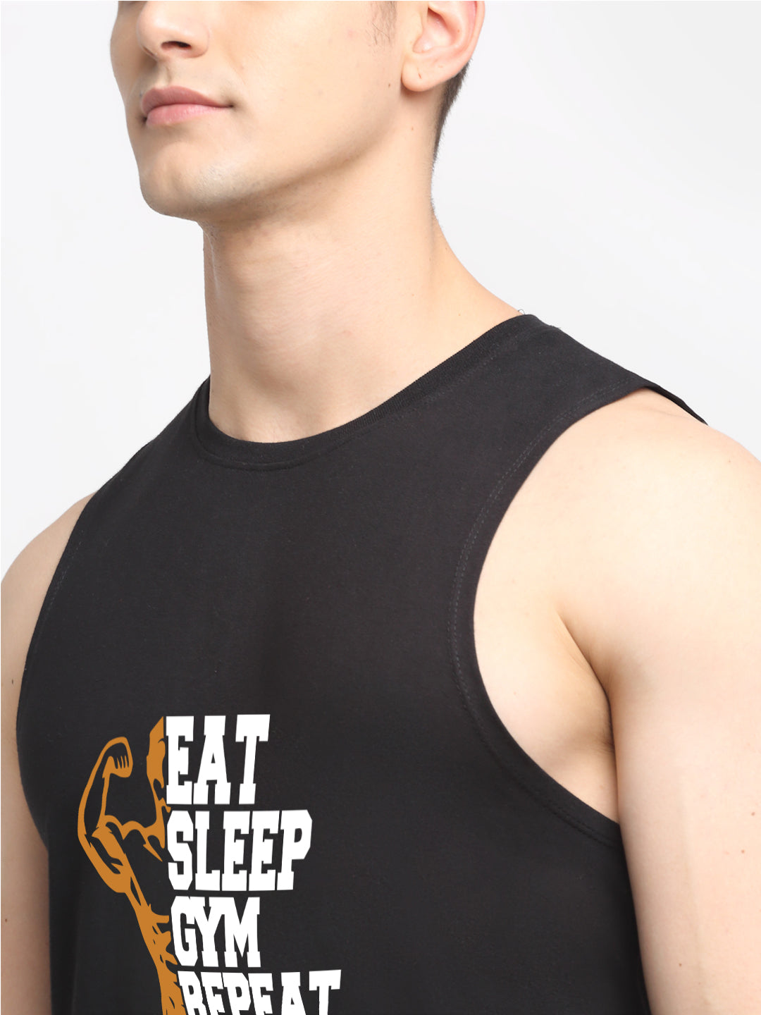 Men's Eat Sleep Gym Repeat Printed Round Neck Gym Vest - Friskers