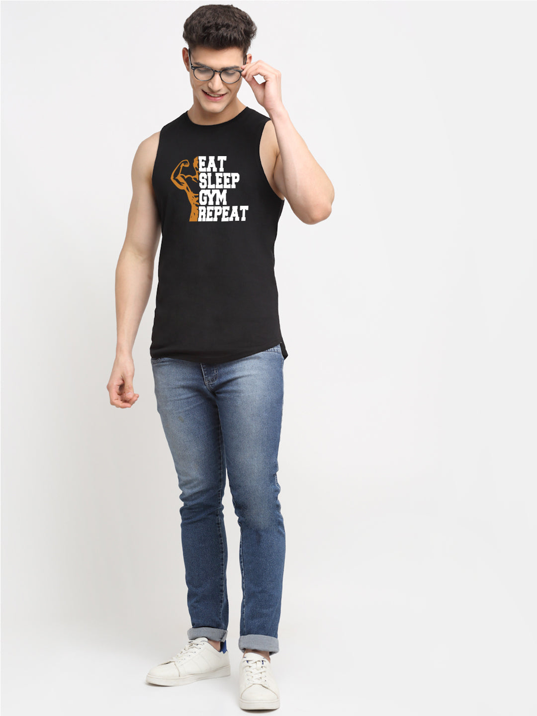 Men's Eat Sleep Gym Repeat Printed Round Neck Gym Vest - Friskers