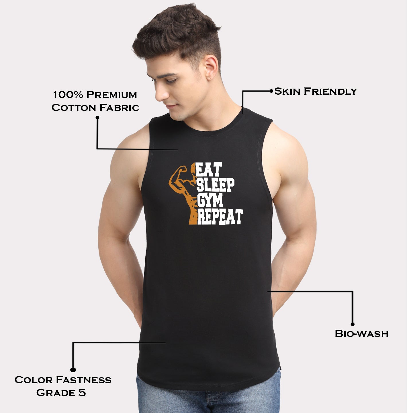 Men's Eat Sleep Gym Repeat Printed Round Neck Gym Vest - Friskers