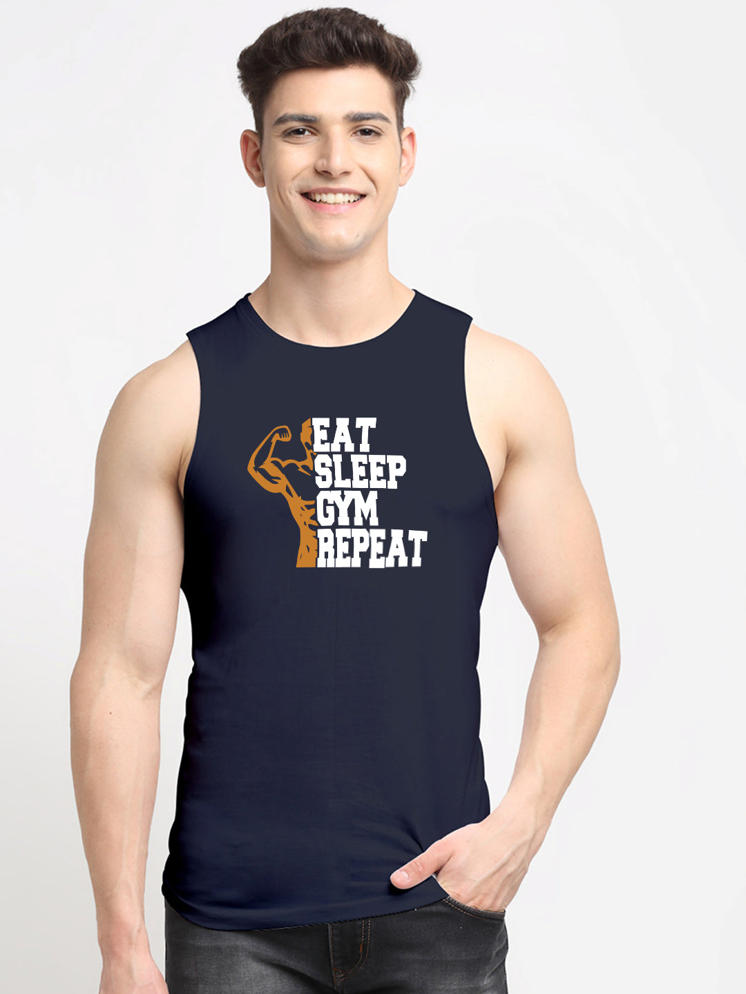 Men's Eat Sleep Gym Repeat Printed Round Neck Gym Vest - Friskers