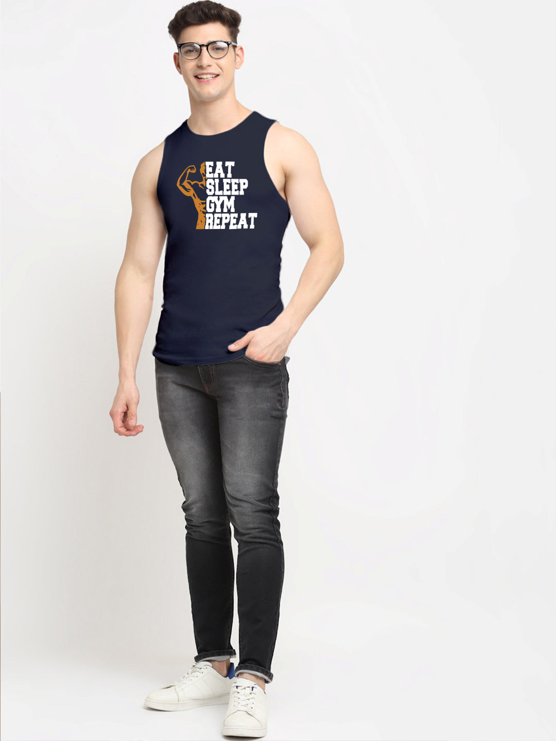 Men's Eat Sleep Gym Repeat Printed Round Neck Gym Vest - Friskers
