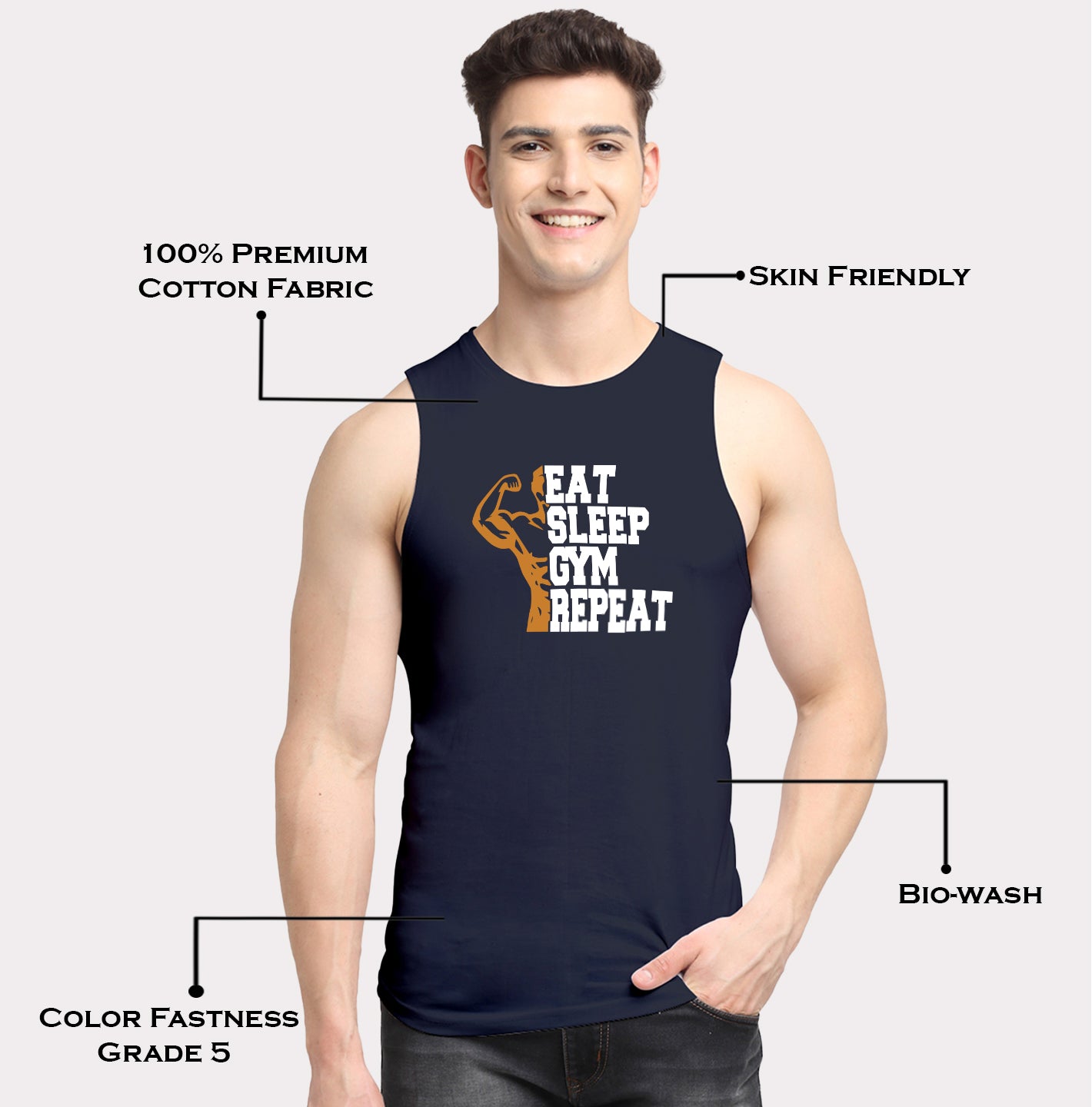 Men's Eat Sleep Gym Repeat Printed Round Neck Gym Vest - Friskers