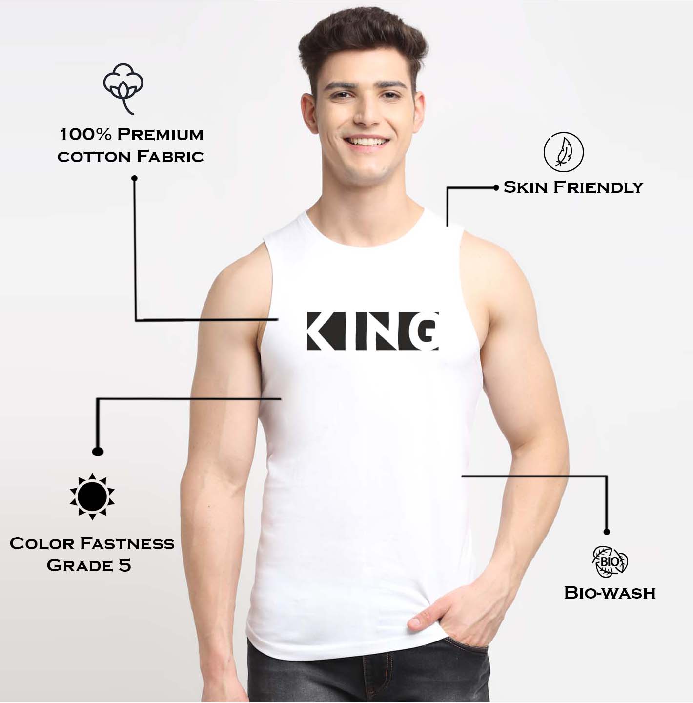 Men King Printed Cotton Gym Vest - Friskers