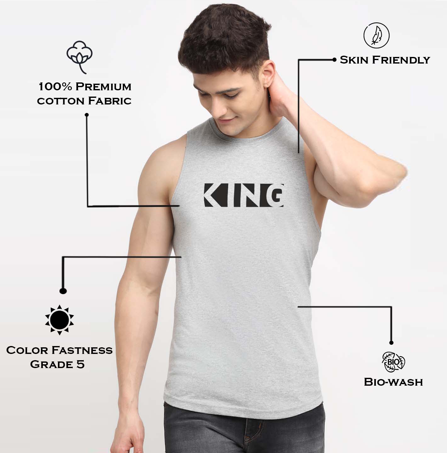 Men King Printed Cotton Gym Vest - Friskers