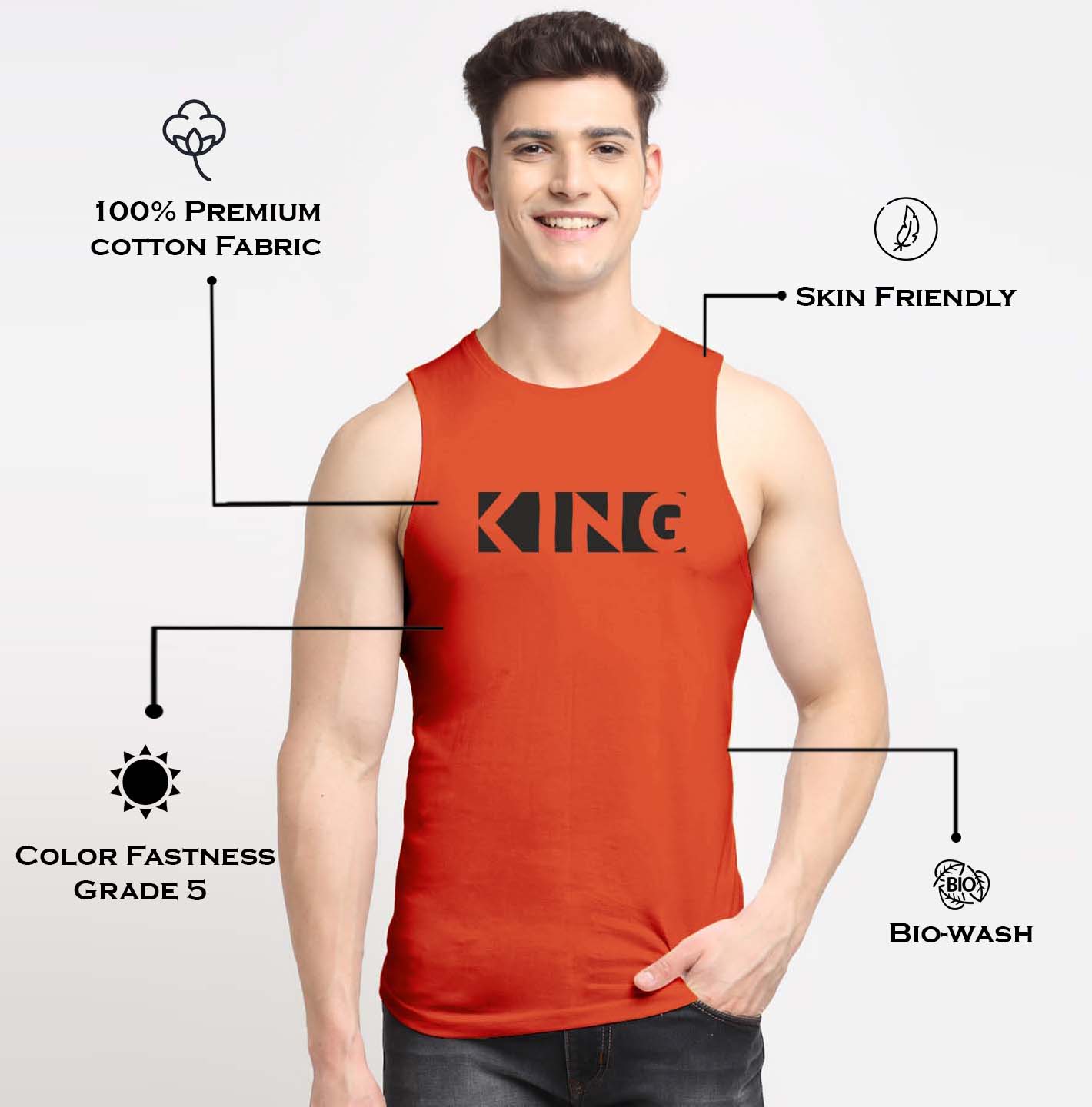 Men King Printed Cotton Gym Vest - Friskers