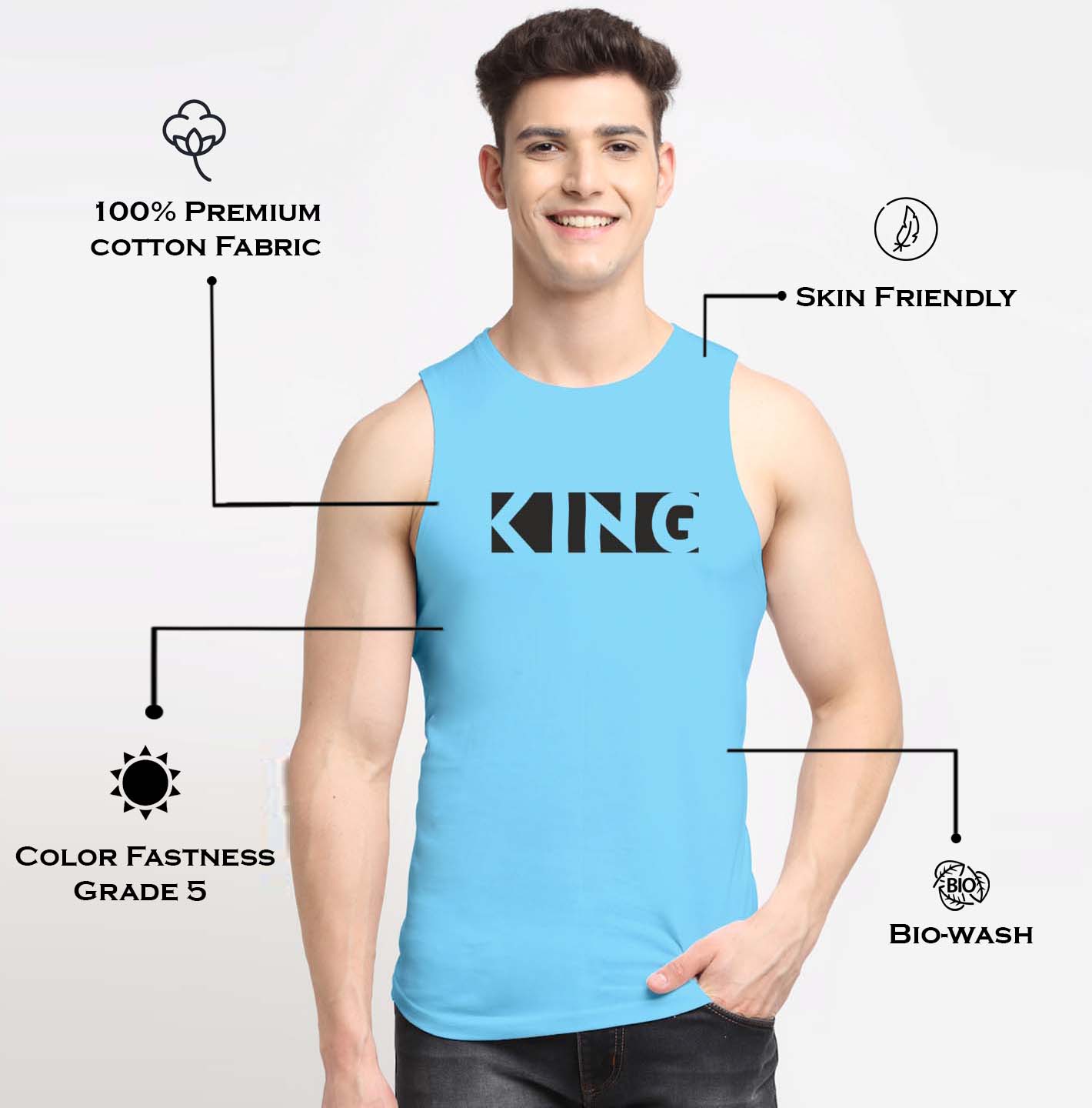 Men King Printed Cotton Gym Vest - Friskers