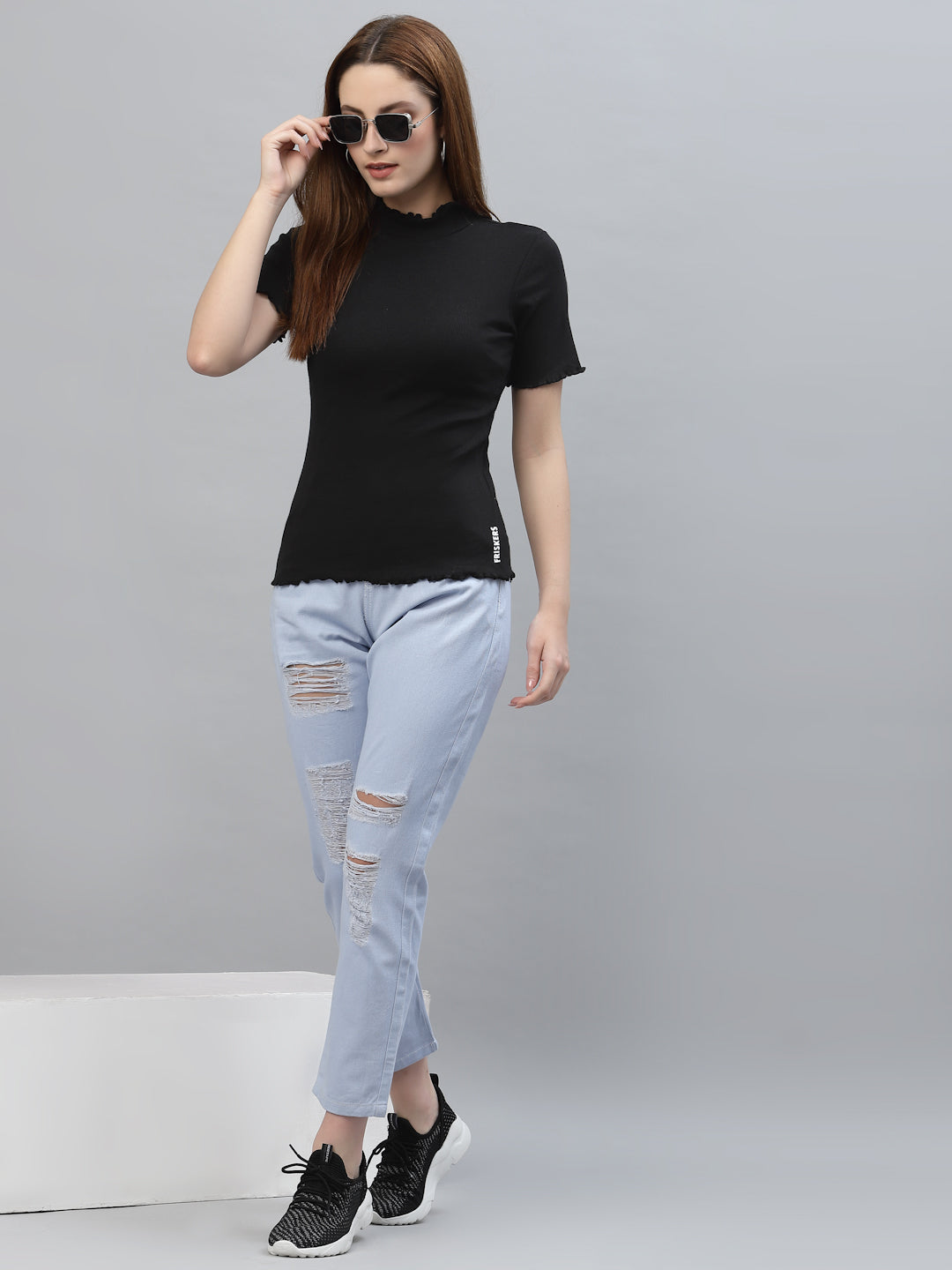 Women Ribbed Pure Cotton Regular Fit Solid Top - Friskers