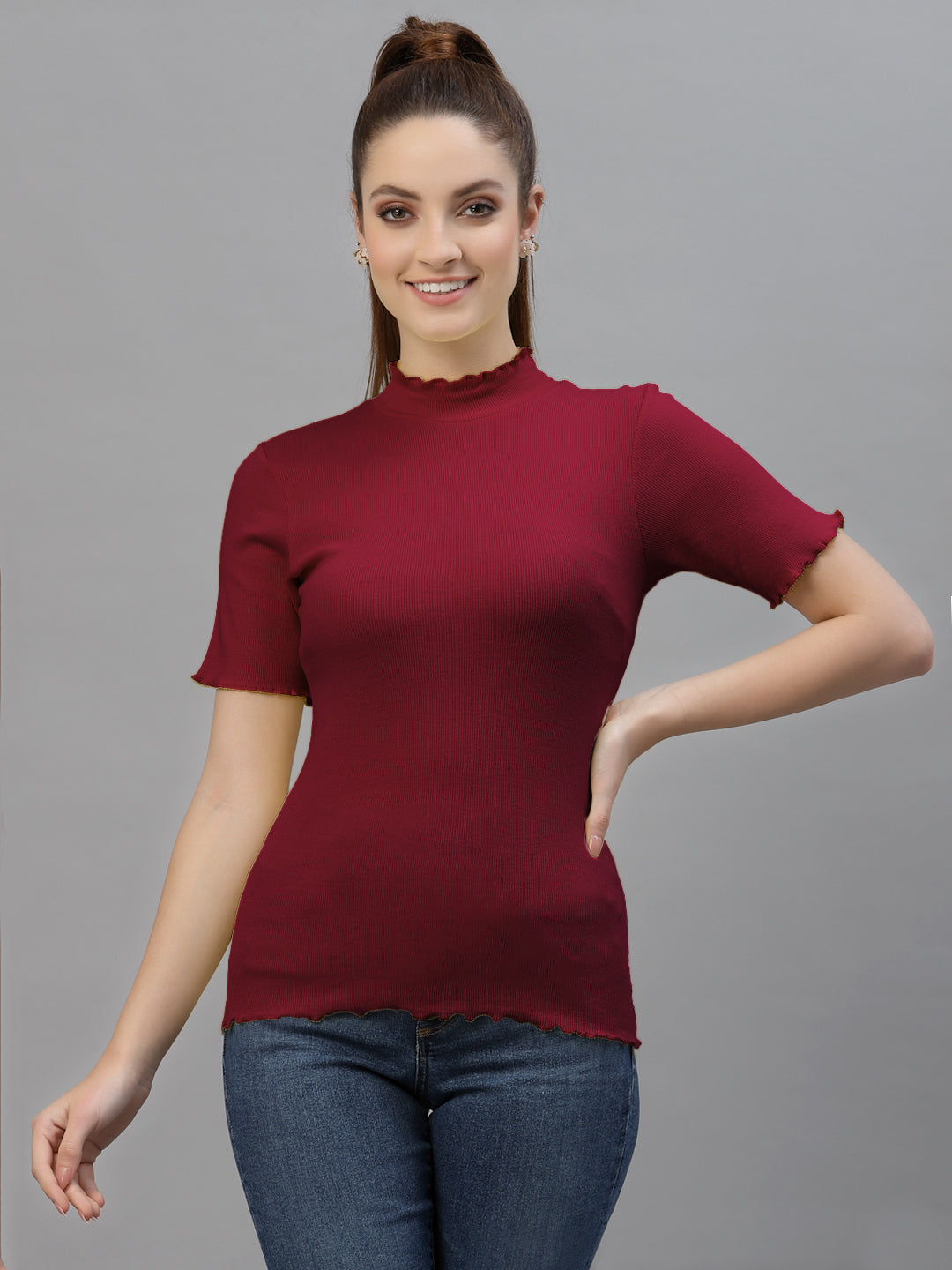 Friskers Women Solid Fitted High Neck Top - Friskers