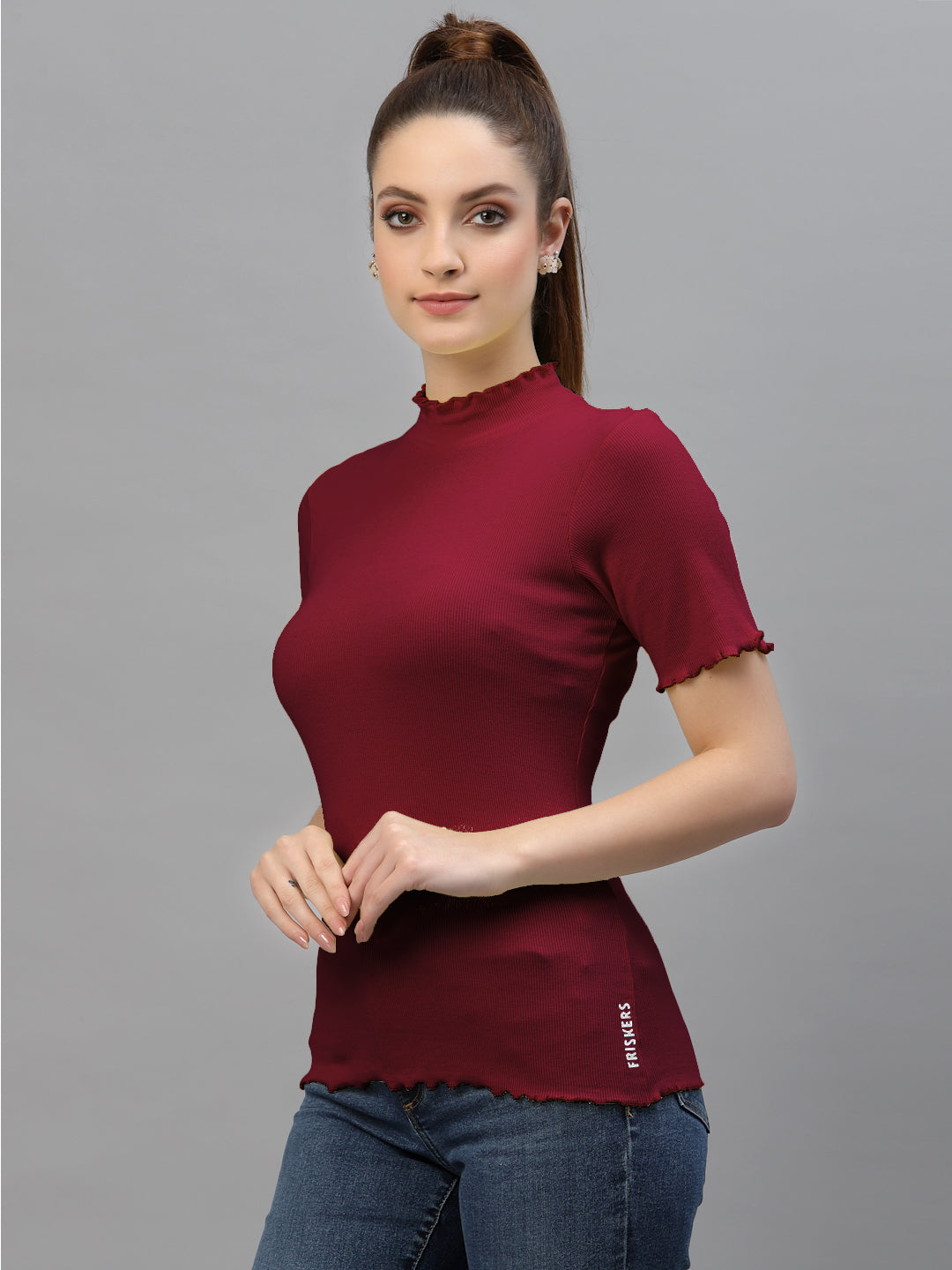 Friskers Women Solid Fitted High Neck Top - Friskers