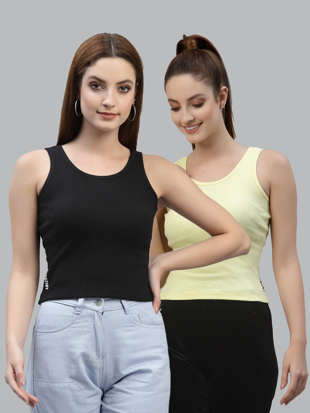 Women Pack Of 2 Black & multi Solid Crop Top - Friskers