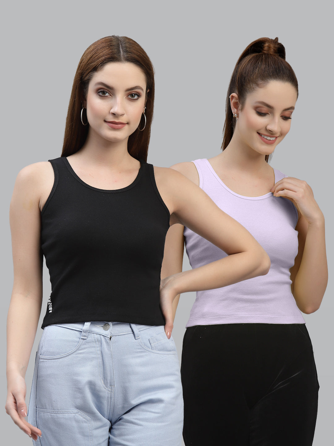 Women Pack Of 2 Black & multi Solid Crop Top - Friskers