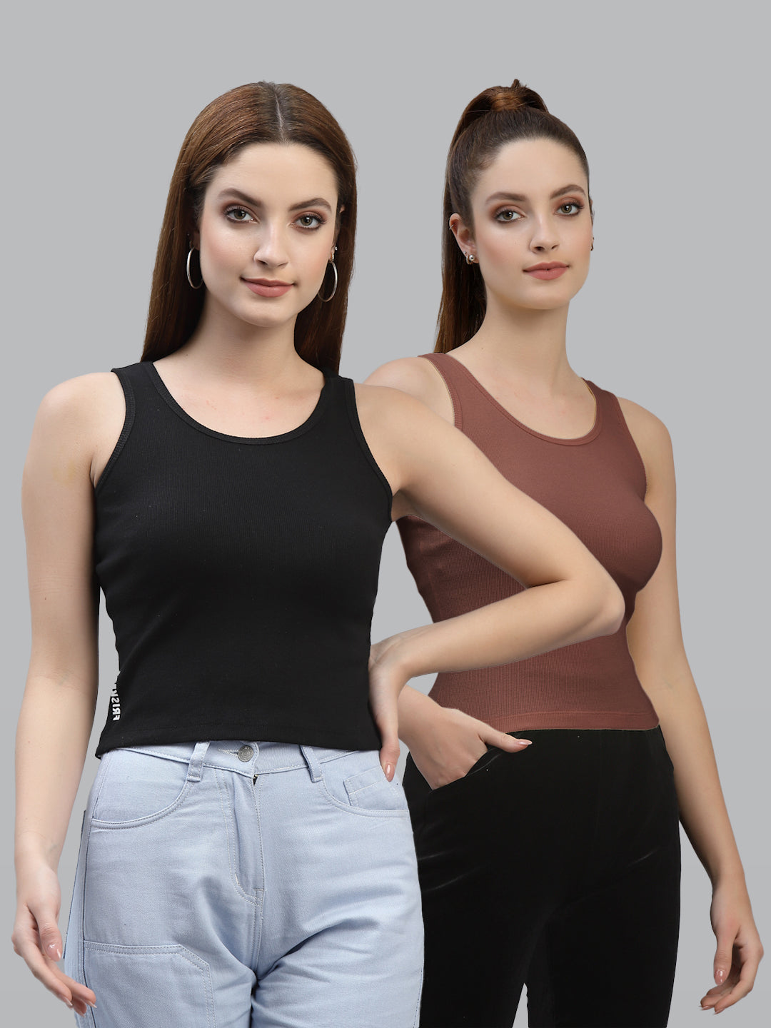 Women Pack Of 2 Black & multi Solid Crop Top - Friskers