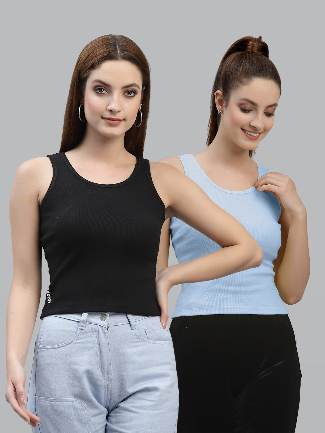 Women Pack Of 2 Black & multi Solid Crop Top - Friskers