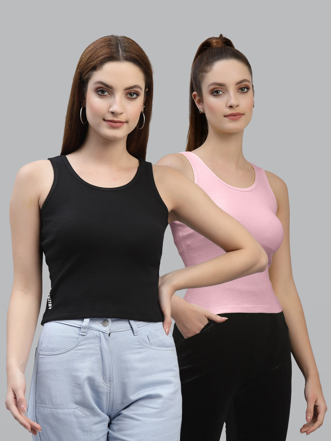 Women Pack Of 2 Black & multi Solid Crop Top - Friskers