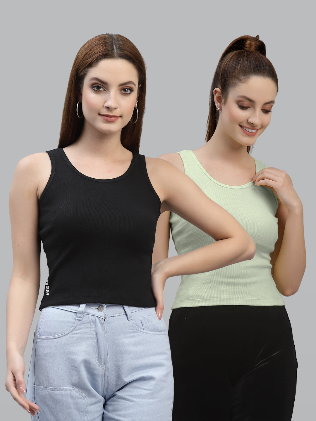 Women Pack Of 2 Black & multi Solid Crop Top - Friskers