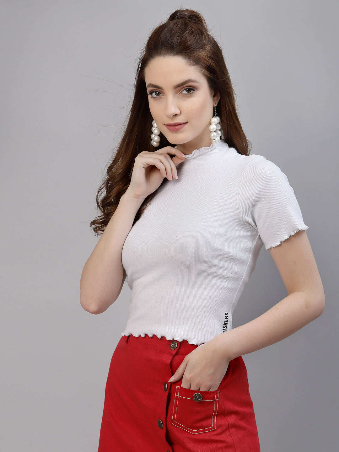 Friskers Women White High Neck Lettuce-Edge Rib Crop Top - Friskers