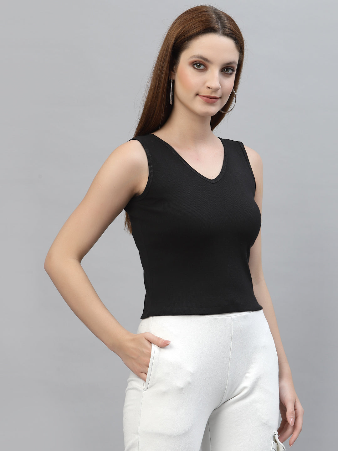 Friskers Women Solid Fitted Side Cut V Neck Top - Friskers