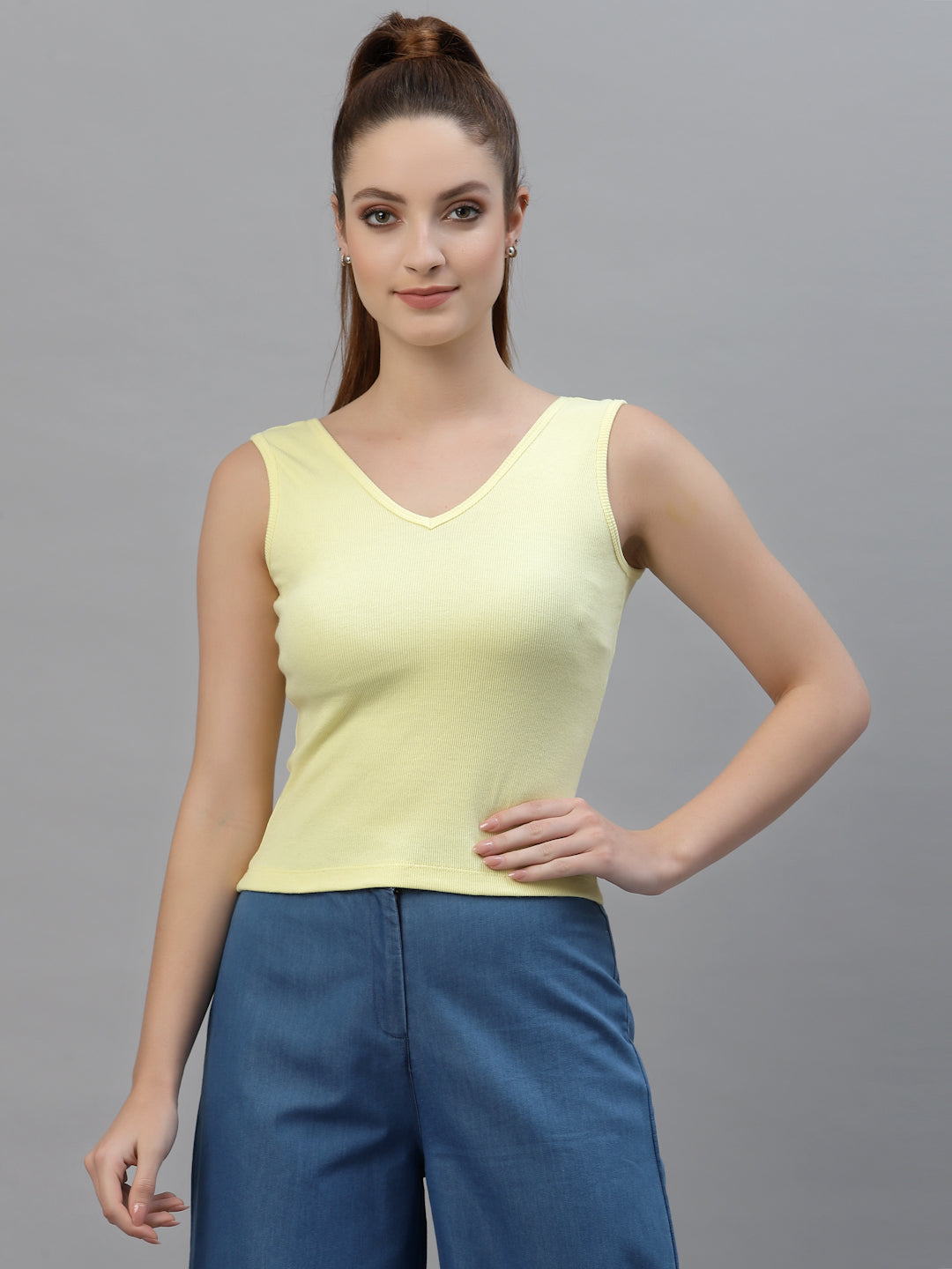 Friskers Women Solid Fitted Side Cut V Neck Top - Friskers