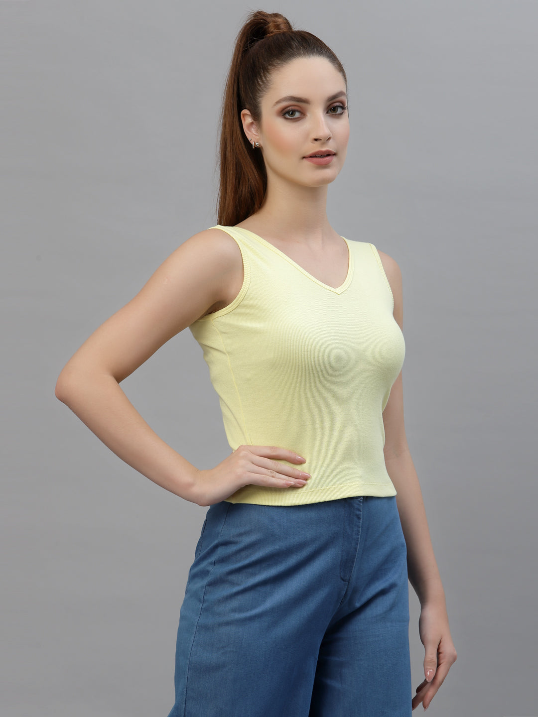 Friskers Women Solid Fitted Side Cut V Neck Top - Friskers