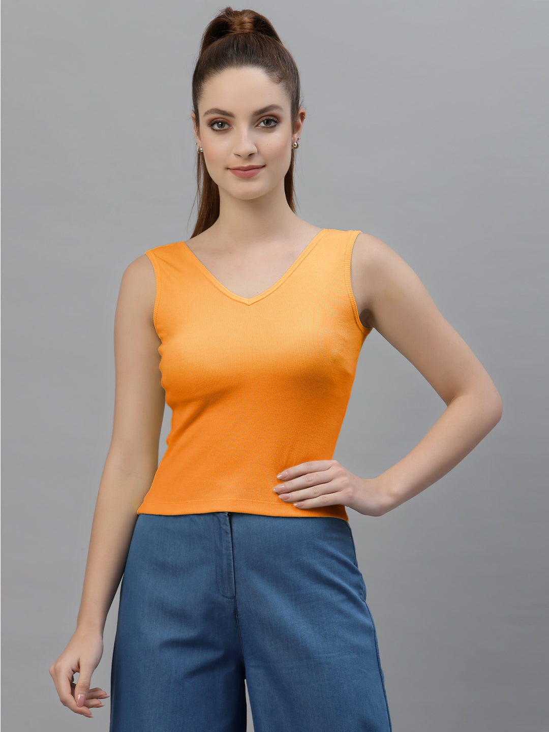 Friskers Women Solid Fitted Side Cut V Neck Top - Friskers