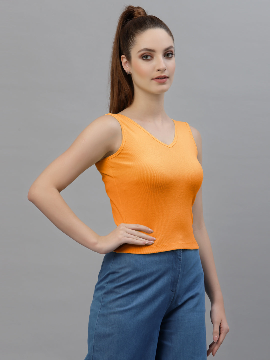 Friskers Women Solid Fitted Side Cut V Neck Top - Friskers