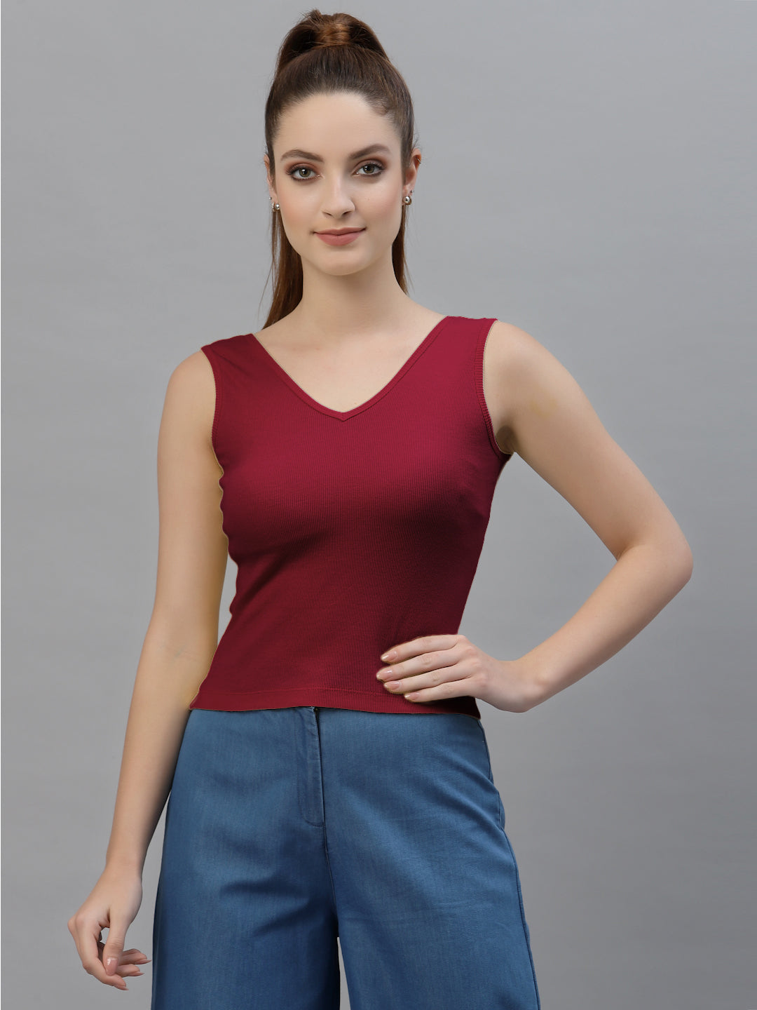 Friskers Women Solid Fitted Side Cut V Neck Top - Friskers