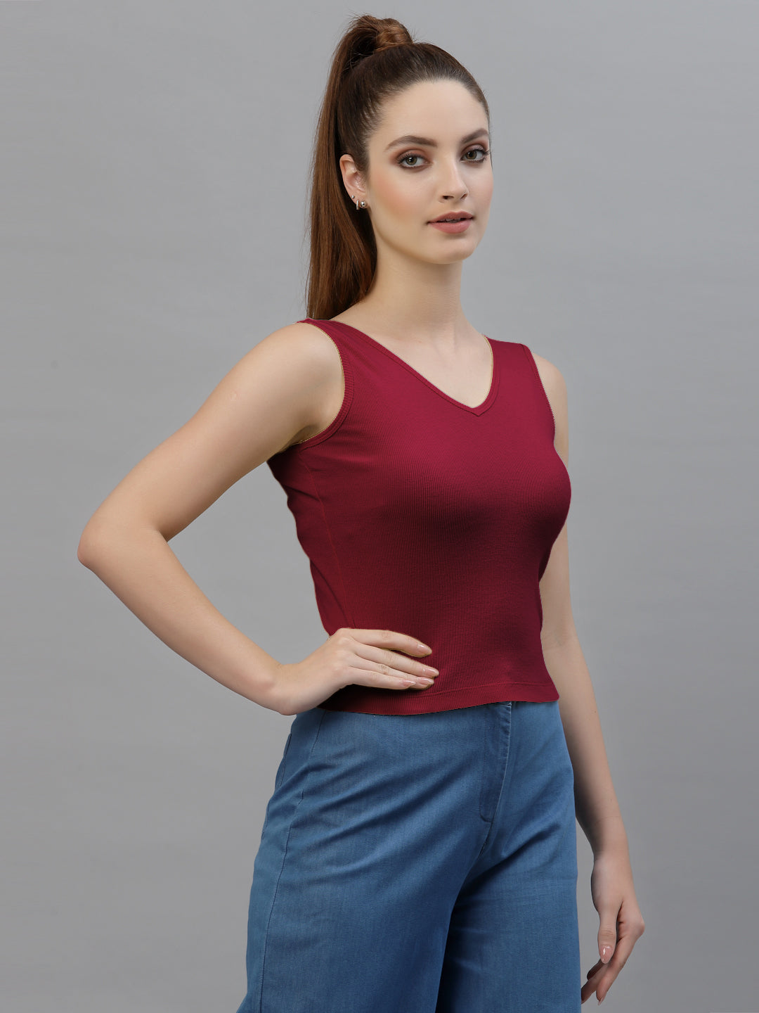 Friskers Women Solid Fitted Side Cut V Neck Top - Friskers