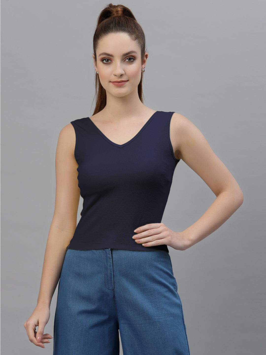 Friskers Women Solid Fitted Side Cut V Neck Top - Friskers