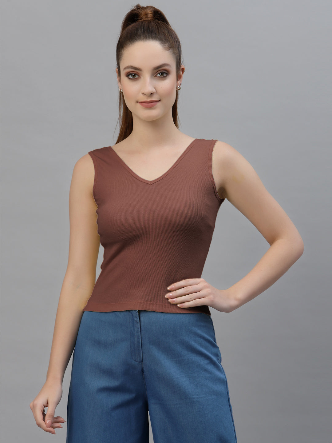 Friskers Women Solid Fitted Side Cut V Neck Top - Friskers