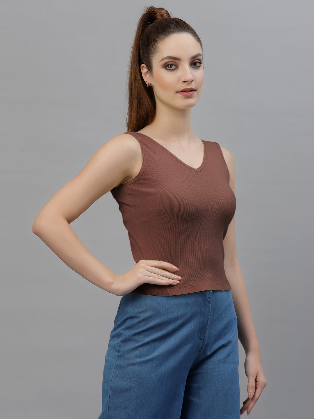 Friskers Women Solid Fitted Side Cut V Neck Top - Friskers