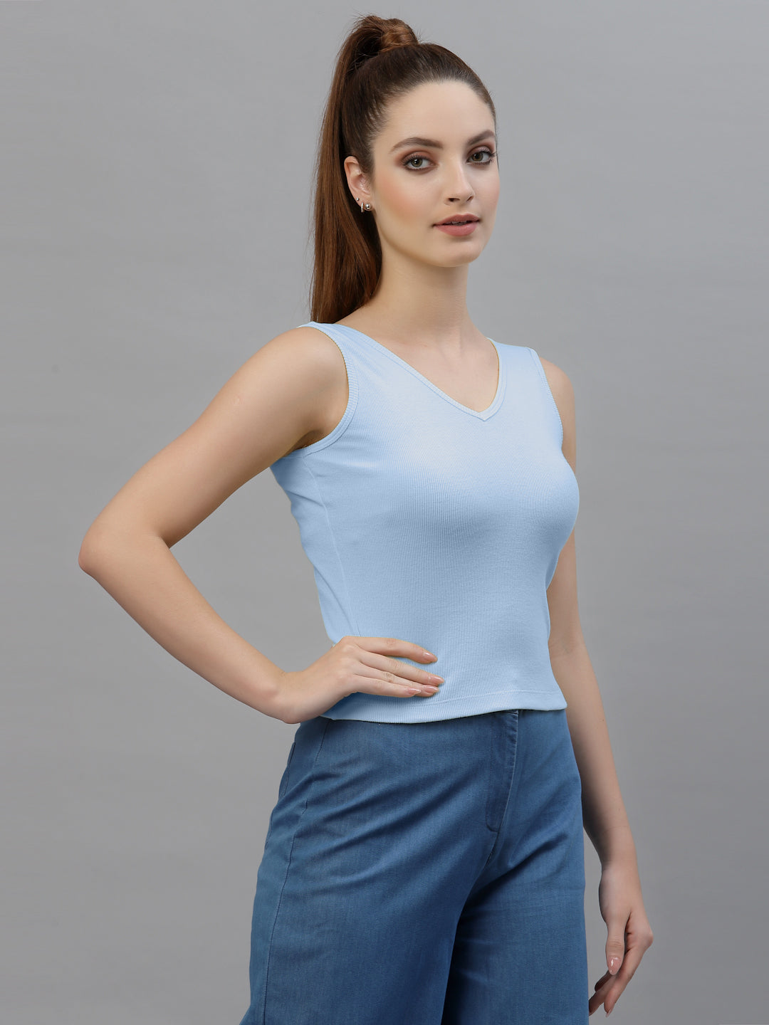 Friskers Women Solid Fitted Side Cut V Neck Top - Friskers