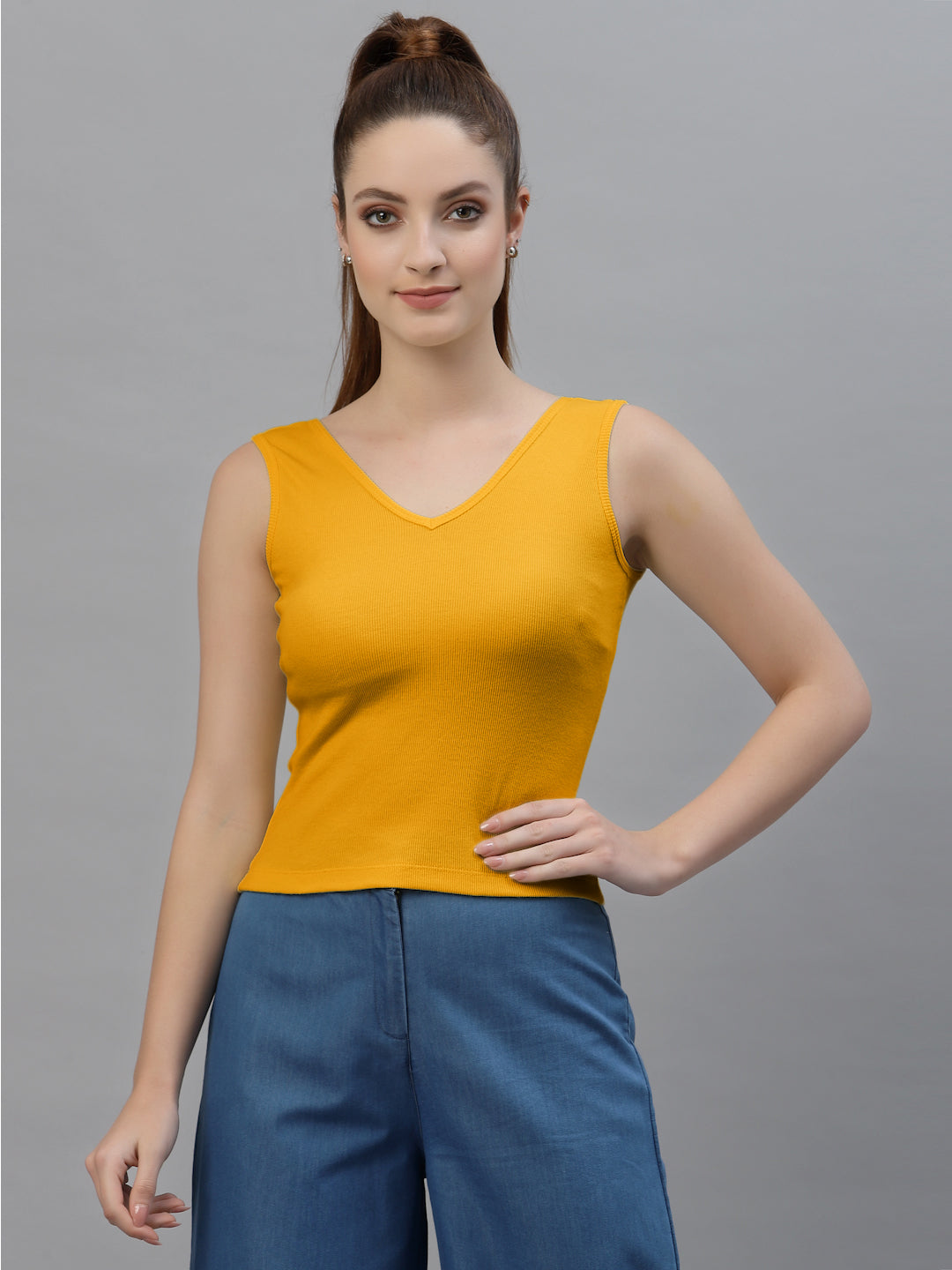 Friskers Women Solid Fitted Side Cut V Neck Top - Friskers