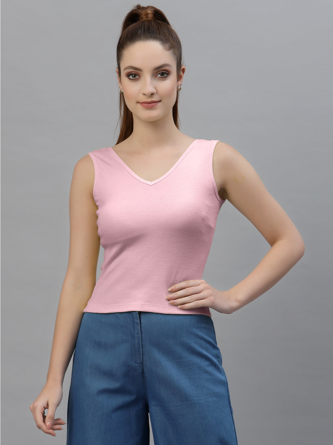 Friskers Women Solid Fitted Side Cut V Neck Top - Friskers