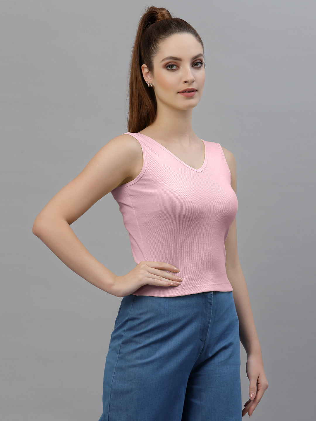 Friskers Women Solid Fitted Side Cut V Neck Top - Friskers