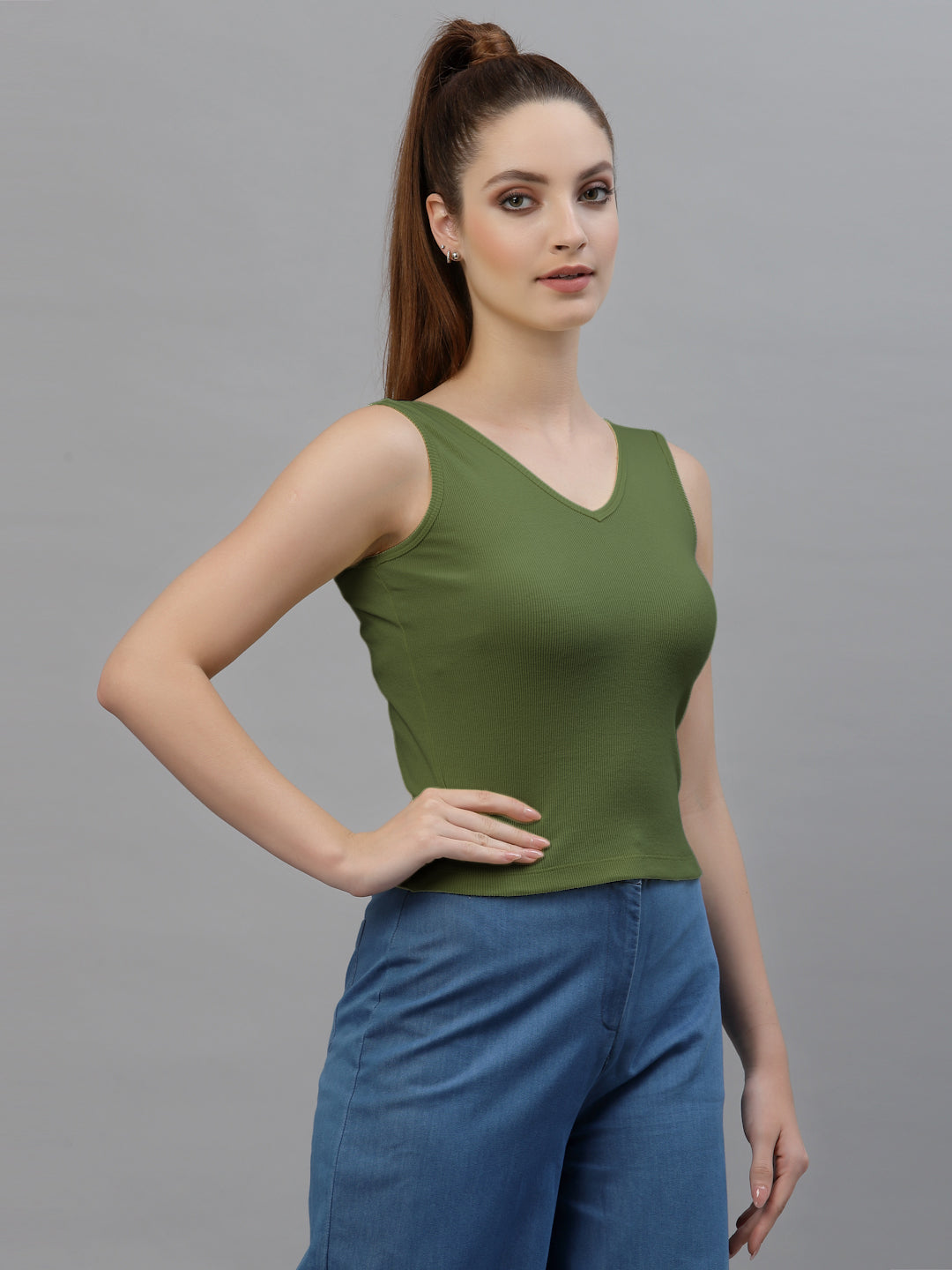 Friskers Women Solid Fitted Side Cut V Neck Top - Friskers