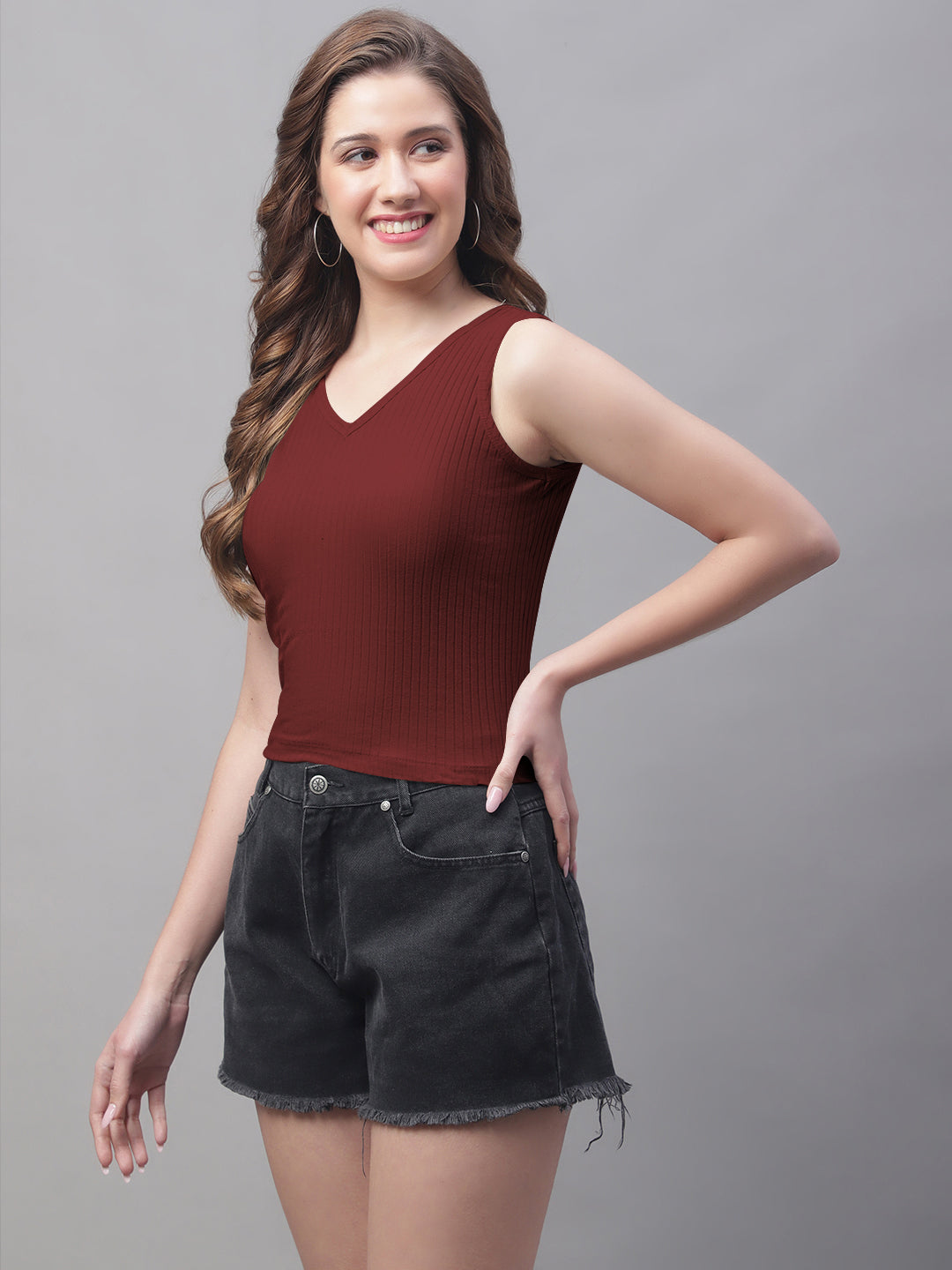 Women Solid Fitted Side Cut V Neck Top - Friskers