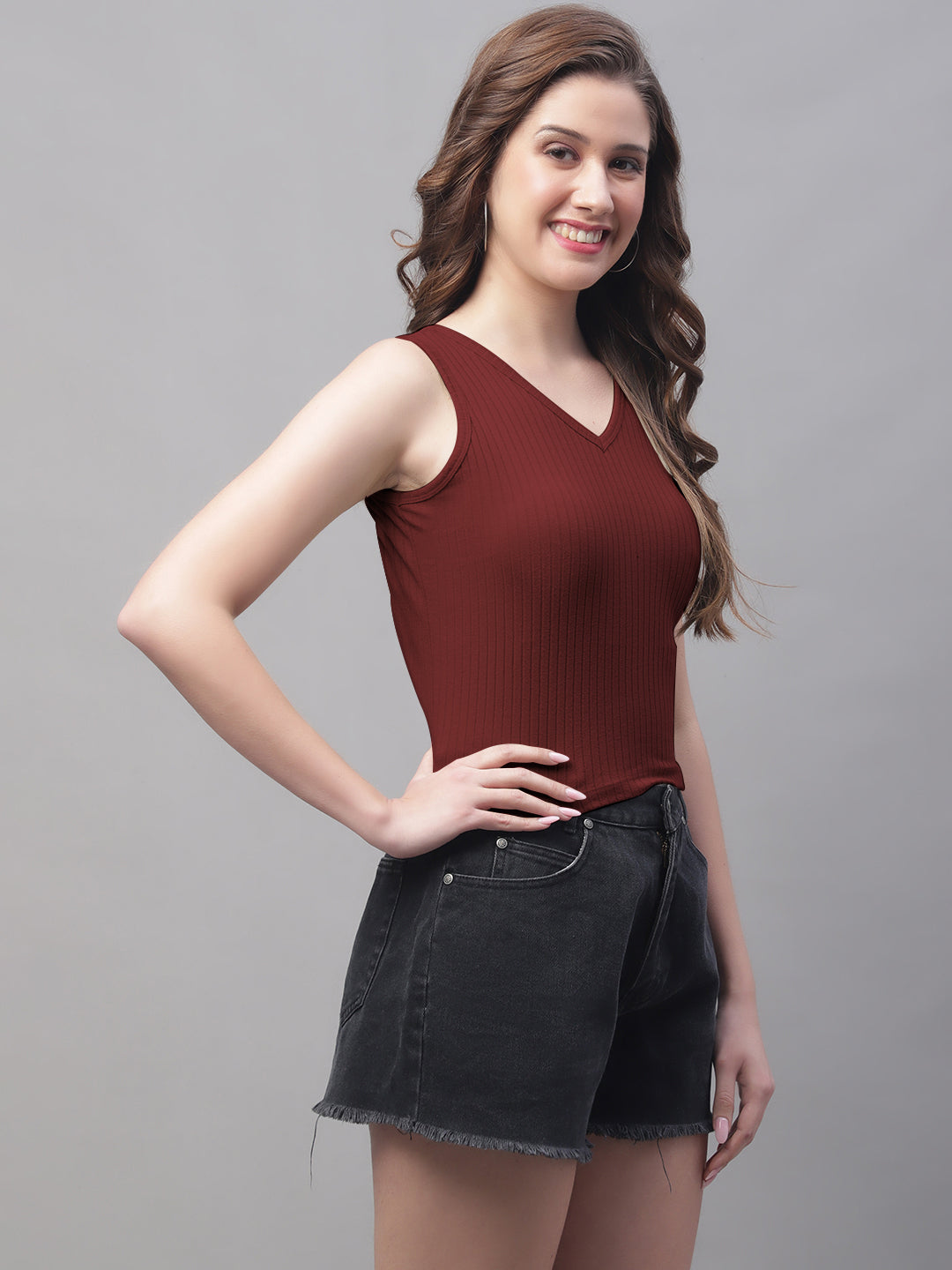 Women Solid Fitted Side Cut V Neck Top - Friskers