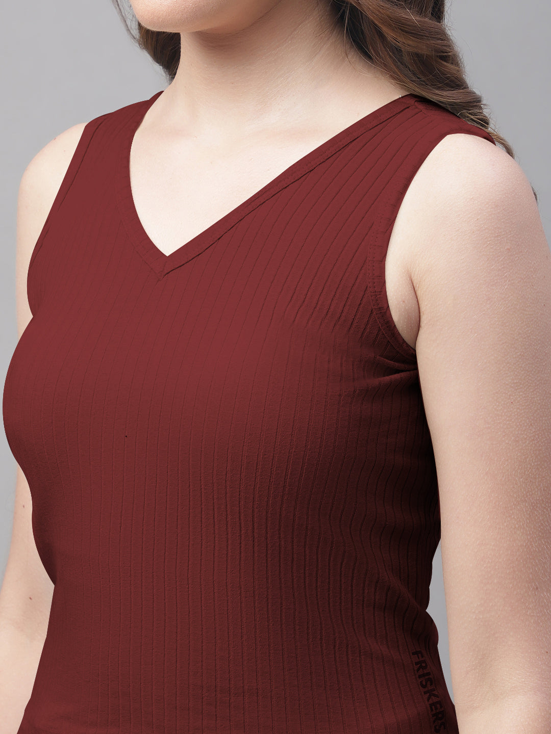 Women Solid Fitted Side Cut V Neck Top - Friskers