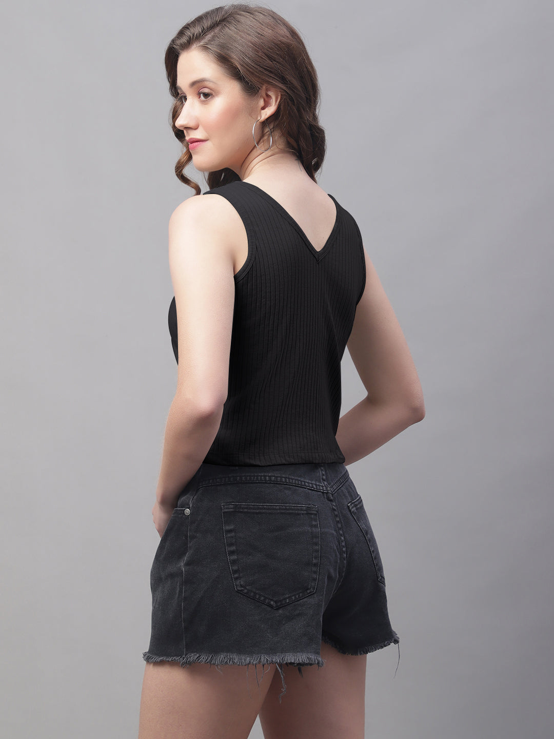 Women Solid Fitted Side Cut V Neck Top - Friskers