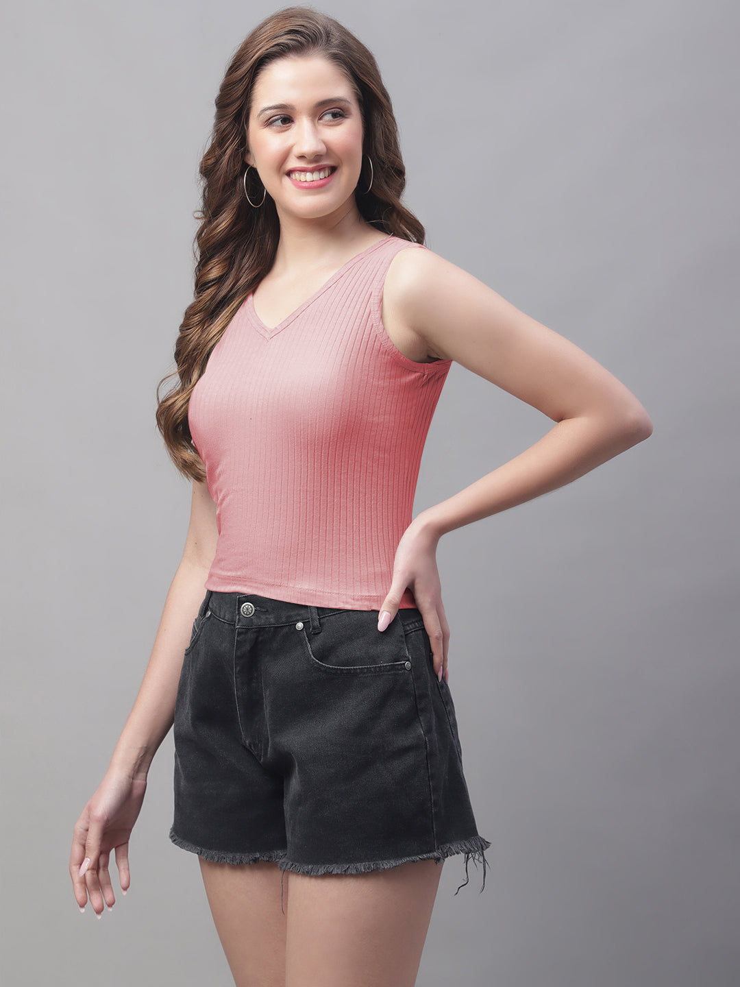 Women Solid Fitted Side Cut V Neck Top - Friskers