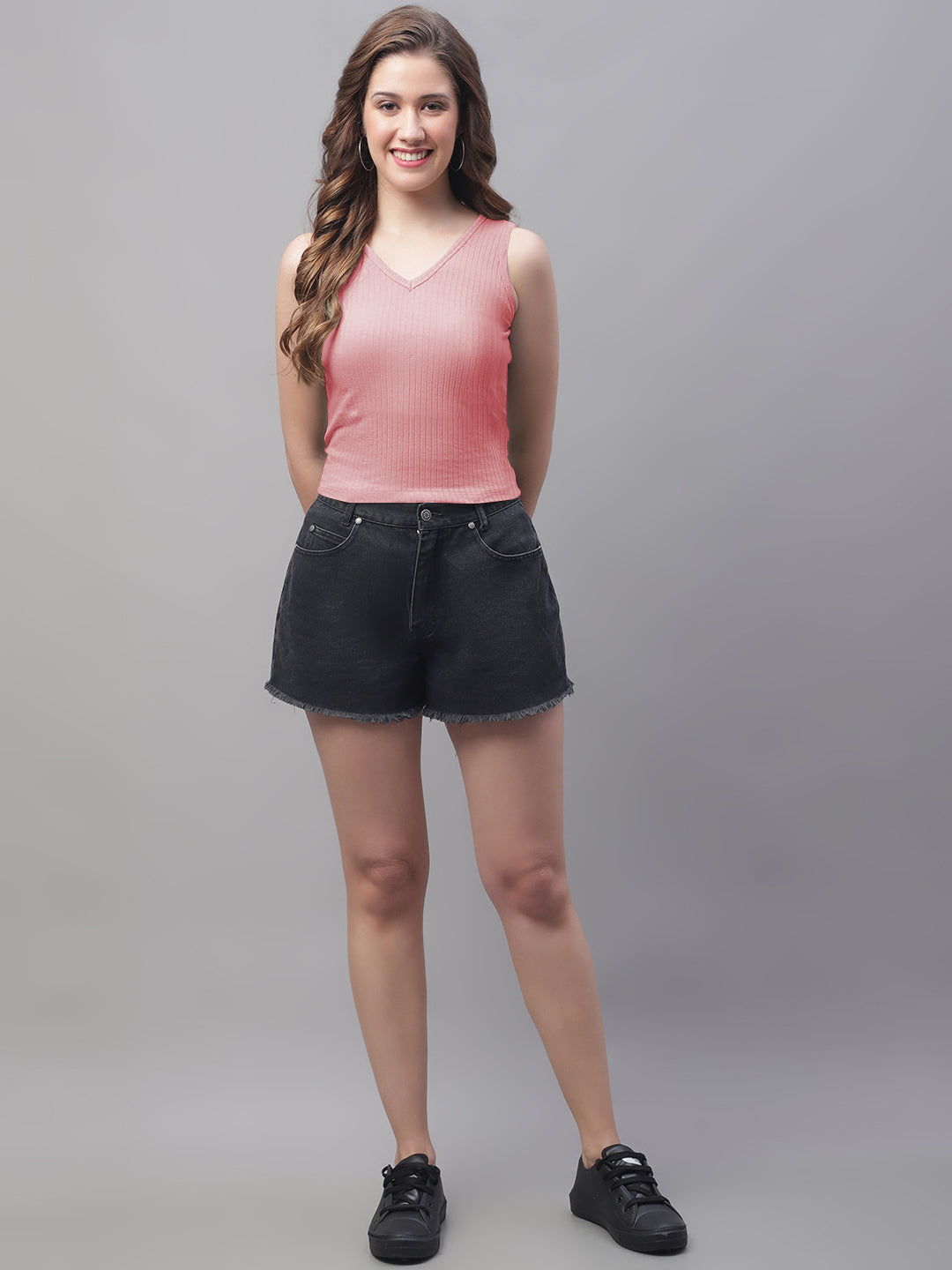 Women Solid Fitted Side Cut V Neck Top - Friskers