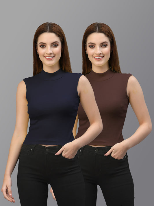 Women Pack Of 2 Navy & Brown Solid Crop Top - Friskers