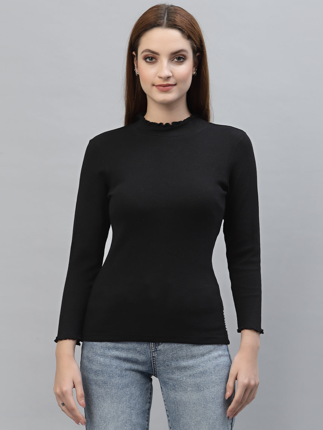 Women Solid Fitted High Neck Full Sleeve Top - Friskers