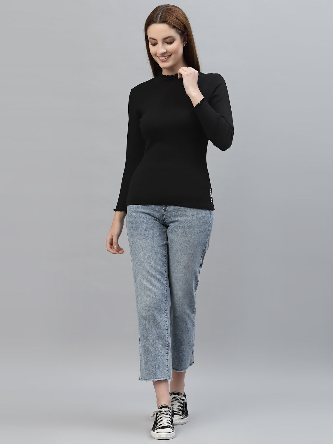 Women Solid Fitted High Neck Full Sleeve Top - Friskers