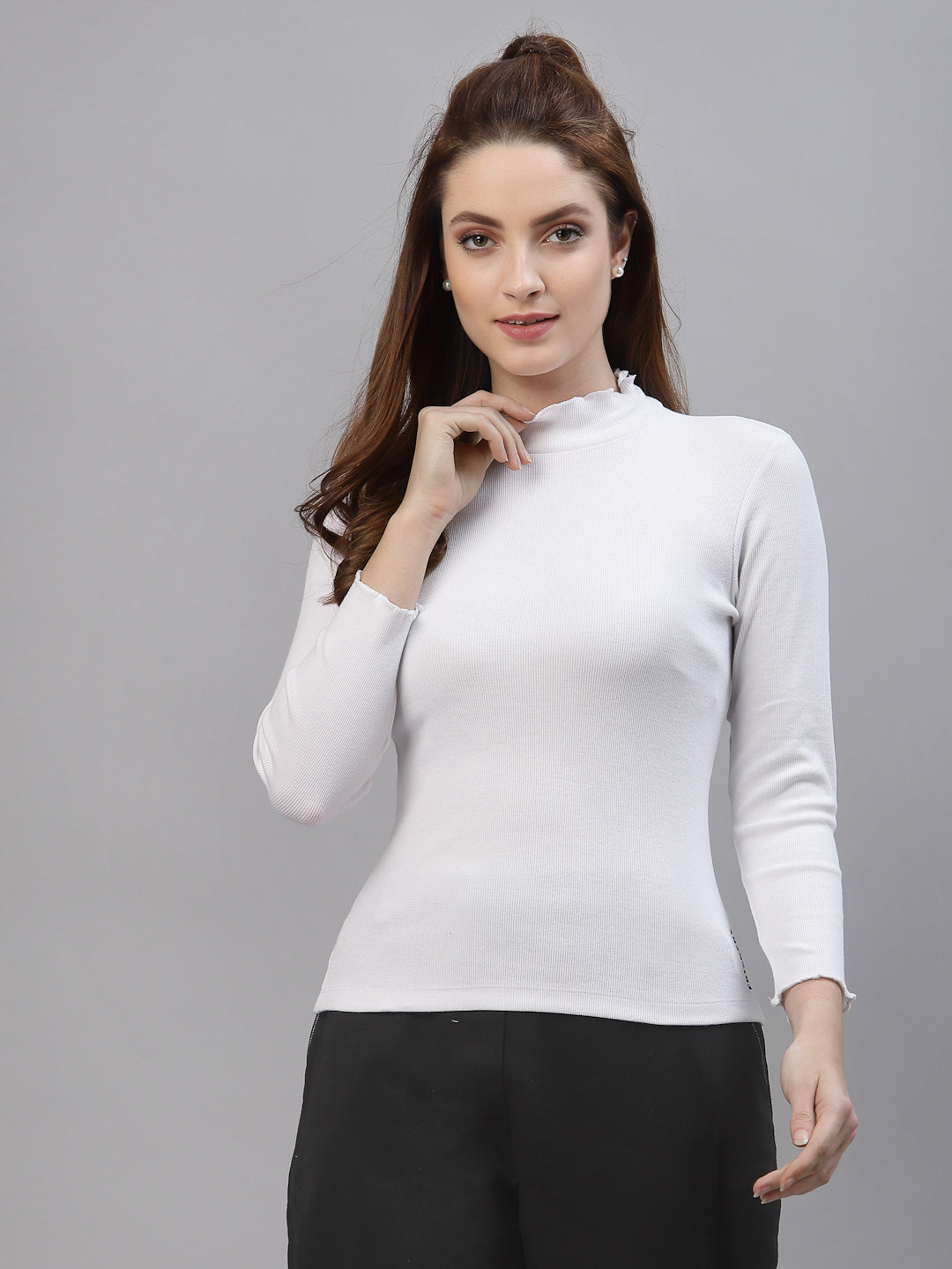 Women Solid Fitted High Neck Full Sleeve Top - Friskers