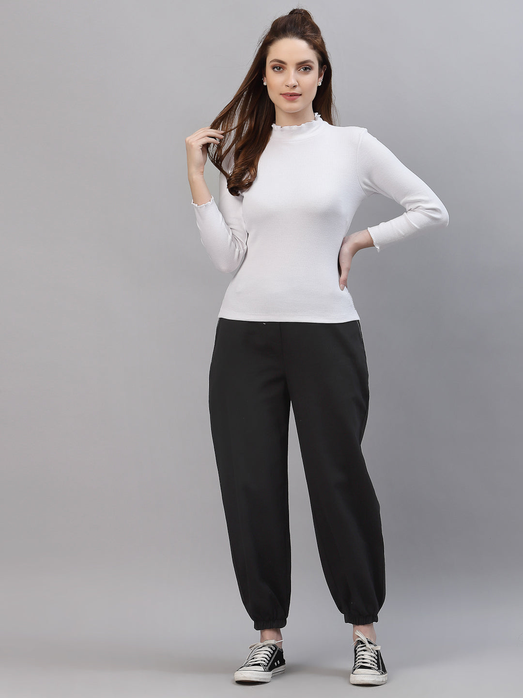 Women Solid Fitted High Neck Full Sleeve Top - Friskers
