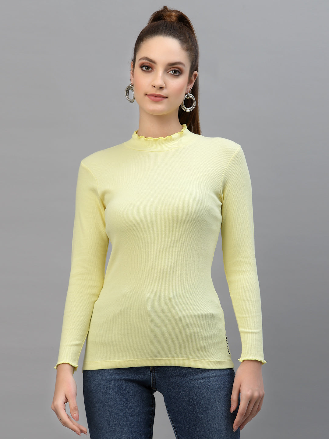 Women Solid Fitted High Neck Full Sleeve Top - Friskers