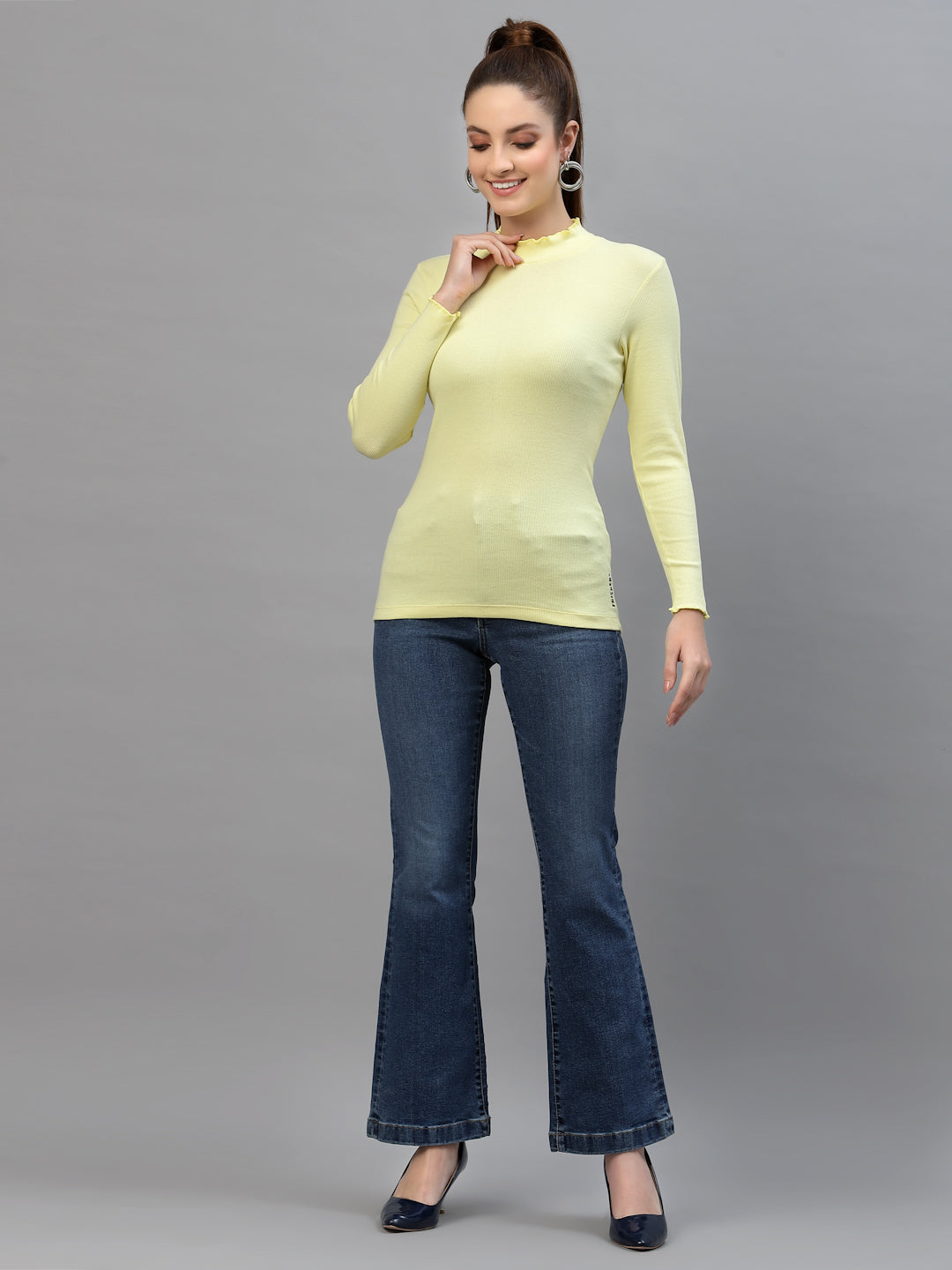 Women Solid Fitted High Neck Full Sleeve Top - Friskers